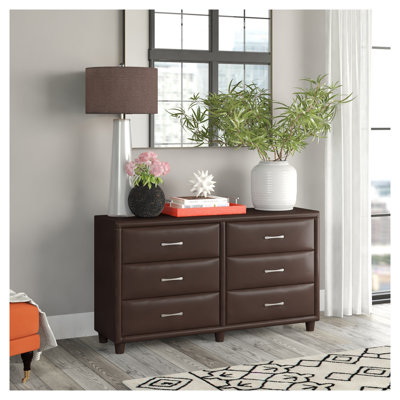 Commode contemporaine à 6 tiroirs avec revêtement en similicuir, meubles de rangement en contreplaqué brun foncé