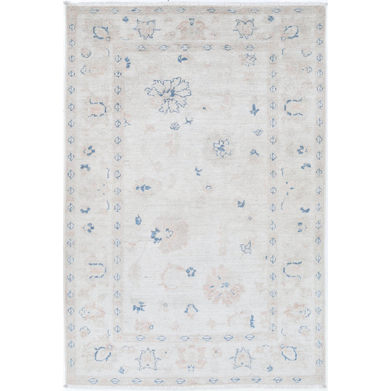 Tapis beige en laine noué à la main 3,3 pi x 4,8 pi avec petit motif floral