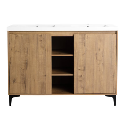 48" Freestanding Double Sink Bathroom Vanity - Modern Aesthetic, Door Hinge, Vast Storage, Resin Basin, Imitative Oak Coloration, Plywood Frame Contemporary Design, Function, Abundant Sinks, Finish,