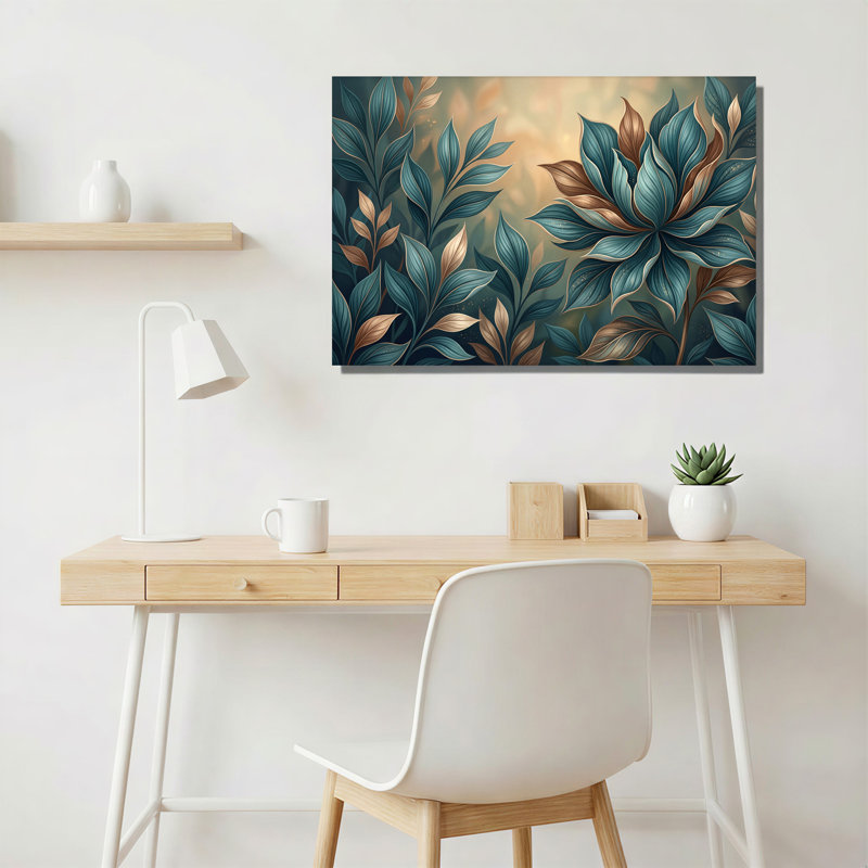 «Teal and Copper Botanical Leaves», art stylisé sur toile, H 24 po x l 36 po