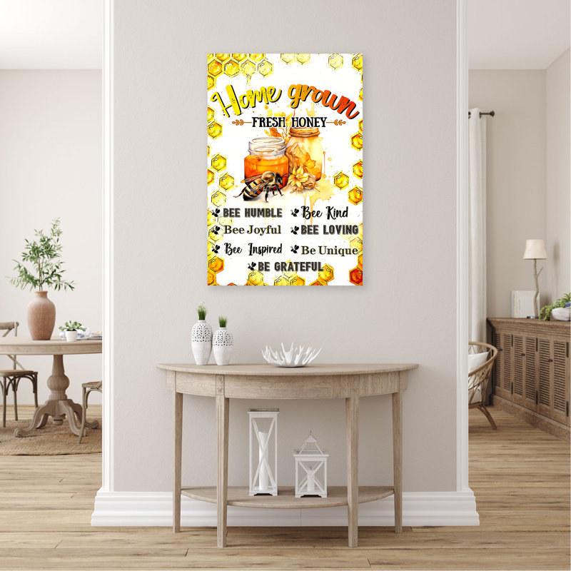 «Yellow Bee and Honey - Bee Humble, Bee Kind», reproduction d'art rectangulaire sur toile tendue 1 pièce