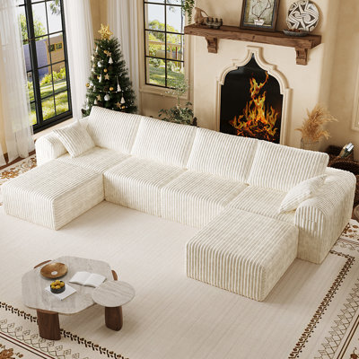 6 - Piece 135.03" W U Shape Sectional Sofa, Cloud Modular Sectional Sofa, Deep Seat Corduroy Boneless With Ottomans, No Need Assembly