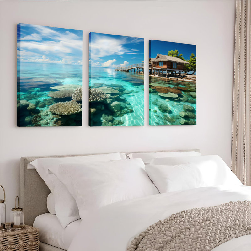 Vue sur l'océan tropical avec récif de corail et pavillon sur l'eau, reproduction d'art sur toile tendue sur toile, ensemble de 3