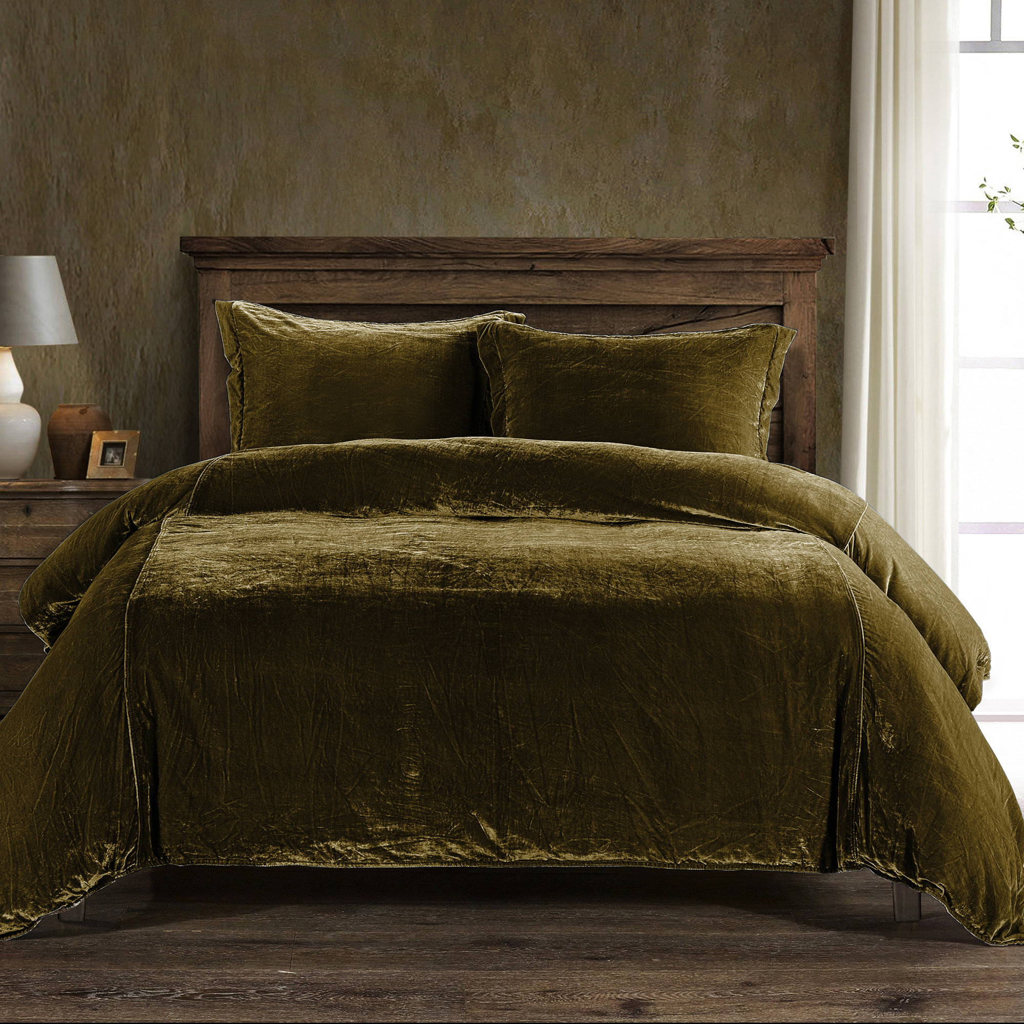 Stella Faux Silk Velvet Classic Chic Modern Rustic Romantic Western Duvet Cover Set, Green Ochre