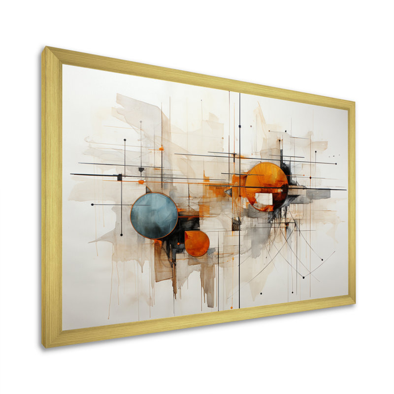 Teal Orange Line Art Conceptual Abstracts I - Art mural pour salon, Cadre doré simple, H 30 po x l 40 po x P 1,5 po