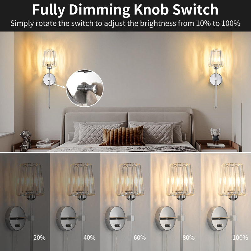 Set of 2 Crystal Wall Sconces, Dimmable Plug-in Wall Lights with Crystal Shade, Chrome