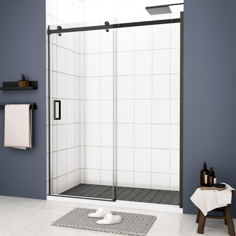 5/16" Tempered Glass Bathroom Door - Sliding With Matte Black Finish & Easy Cleaning Shower Black, Smooth System For Use
