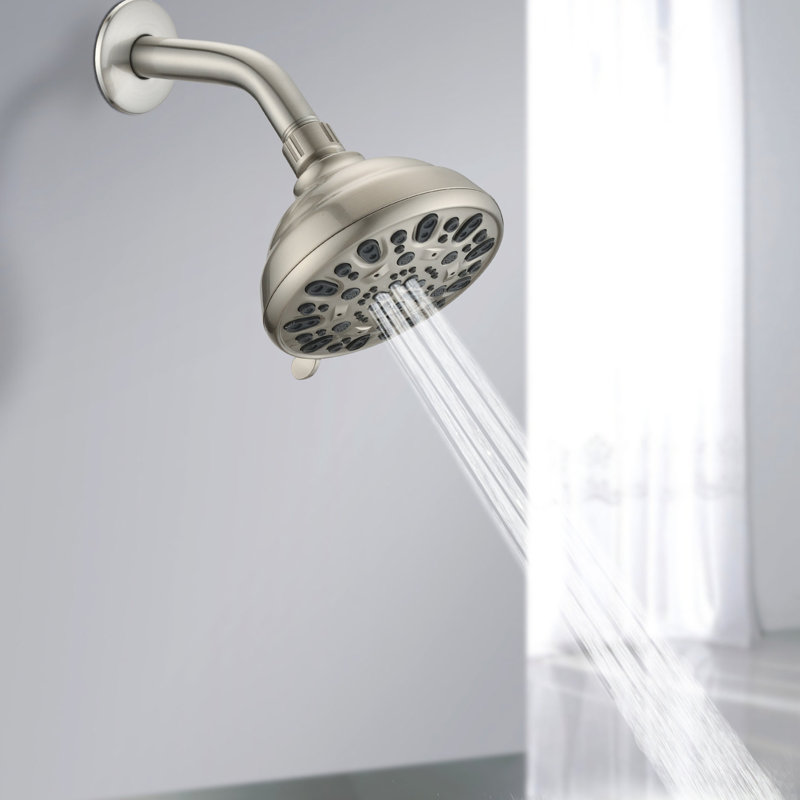 Pomme de douche à 6 réglages de 4,72 po en nickel brossé - débit élevé de 1,8 gal / min, installation pratique avec finition 6 modes, colmatage, débit