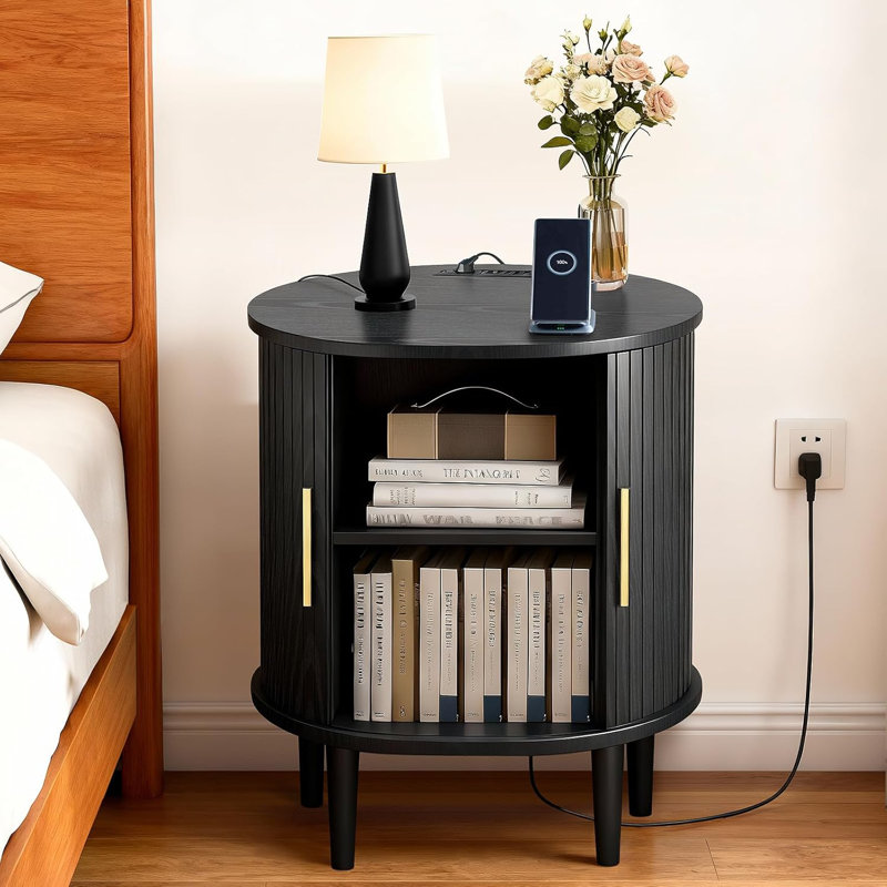 Table de chevet à porte coulissante avec tablette réglable, table d'appoint cannelée avec station de charge, table de bout compacte (ensemble de 2)