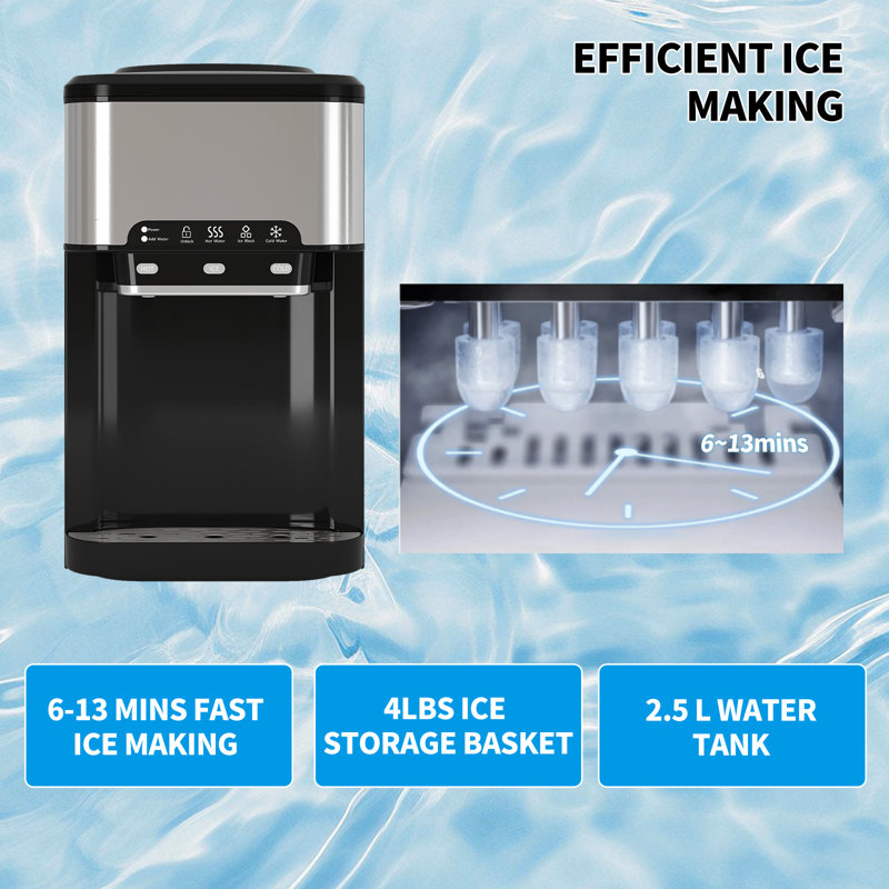 Countertop Top Loading Water Cooler Dispenser with Built-in Ice Maker,44 Lbs in 24H Ice Production & Hot/Cold Water Dispenser,Energy Star 3-5 Gallons Capacity with Smart Frostguard & Whisperquiet Tech (Black)