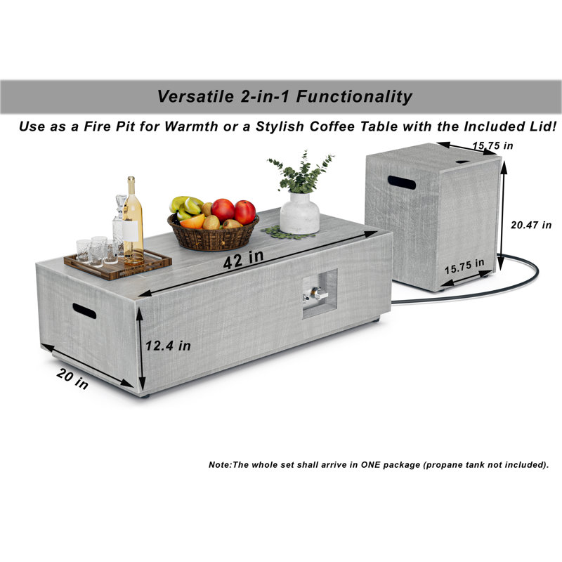 42" Rectangular Propane Fire Pit Table – 50,000 BTU Outdoor Heater With Wind Guard & Convertible Design, Gray