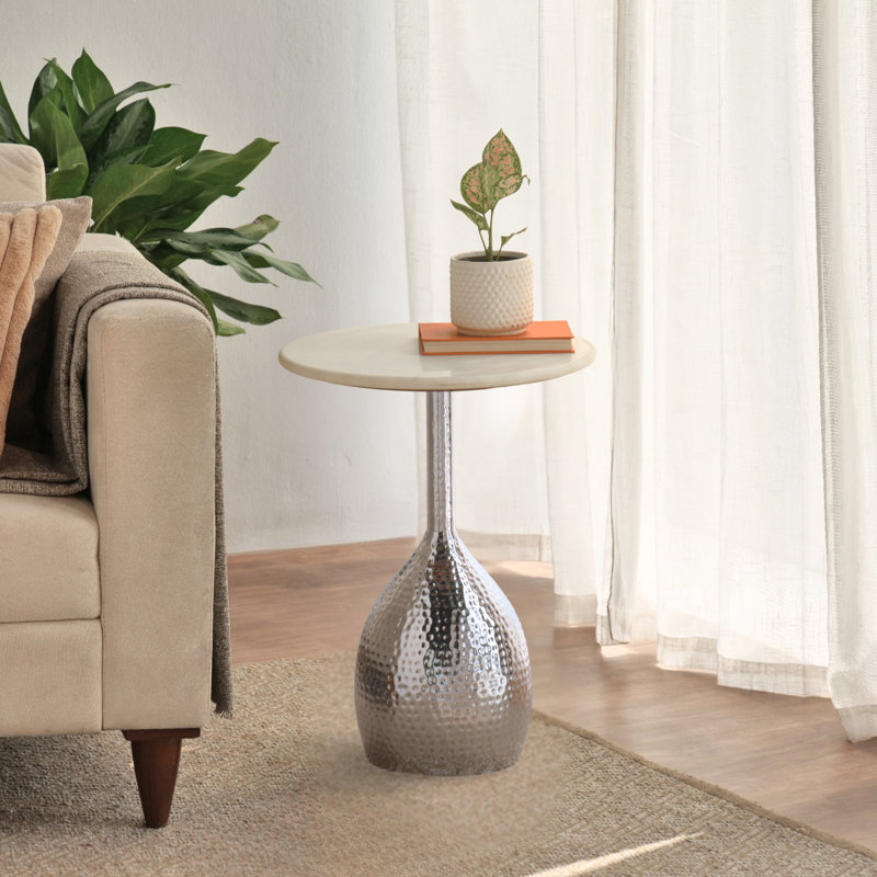 Modern Round Marble Top Side Table , Silver