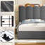 Structure de lit tapissier avec éclairage DEL, ports USB, casiers latéraux et 2 tiroirs de rangement sous le lit, lit plateforme gris moderne-59506793-59506792