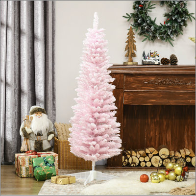 Arbre de Noël artificiel enneigé 5 pi, arbre de Noël mince avec branches réalistes et base en plastique pour décoration d'intérieur, rose