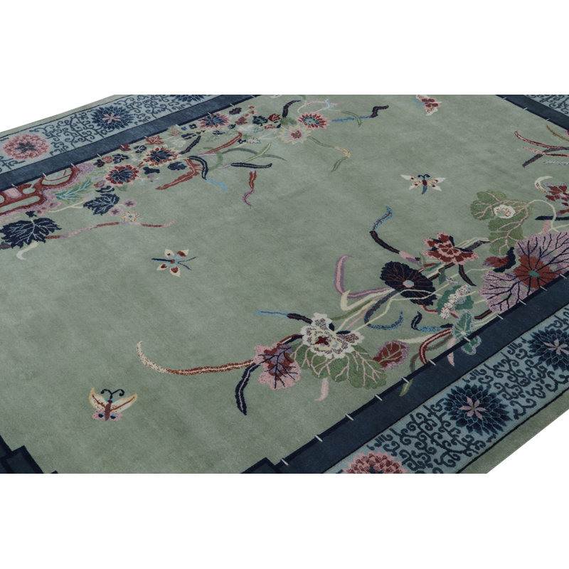 Rug & Kilim’S Chinese Art Deco Rug In Green With Blue Floral Patterns, Rectangle 10' x 14'