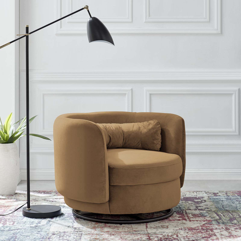 Cognac Velvet Swivel Accent Chair with Black Metal Base