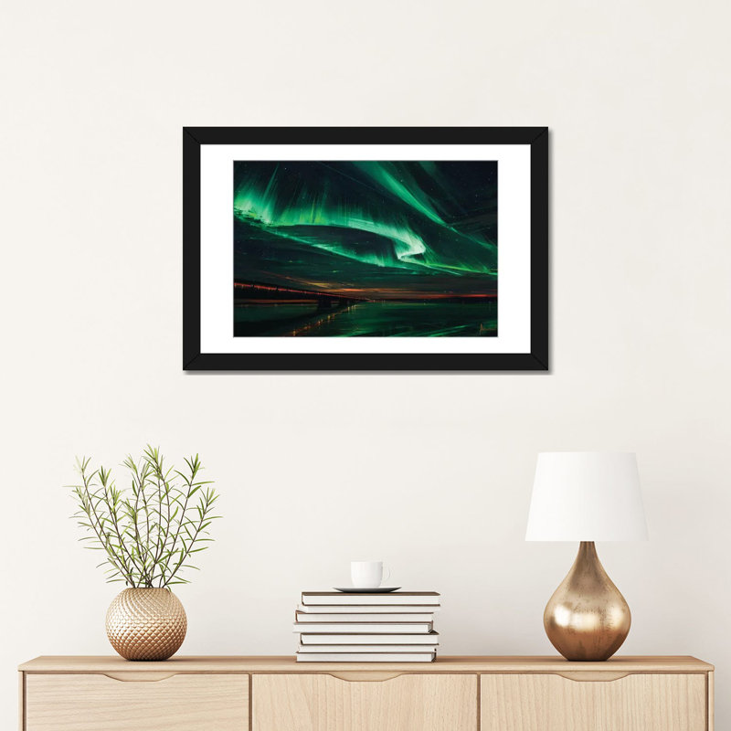 «Northern Lights», impression sur toile tendue, Papier beaux-arts encadré noir, H 24 po x l 32 po x P 1 po, Blanc