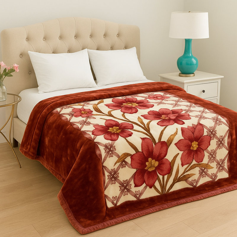 Warm Korean Style Silky Floral Blanket Plush Soft Cozy Winter Bedding 1 Ply Queen Size 8 lbs, Flora 1