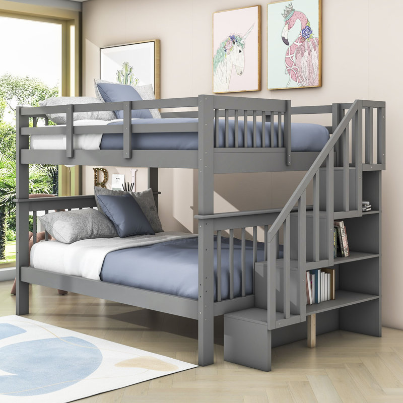 Full-Over-Full Bunk Bed,Wood Bunk Bed With Storage And Guard Rail, Gray