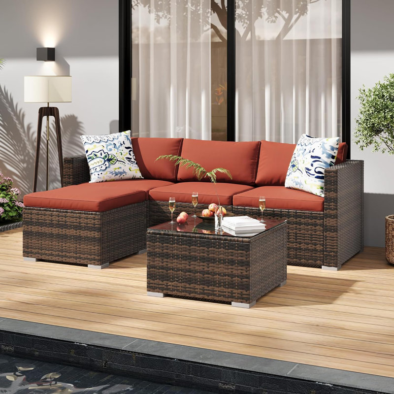 5-Piece PE Rattan Outdoor Sectional with Ottoman & Glass Table, Brown/Wine Red, Brown, Red