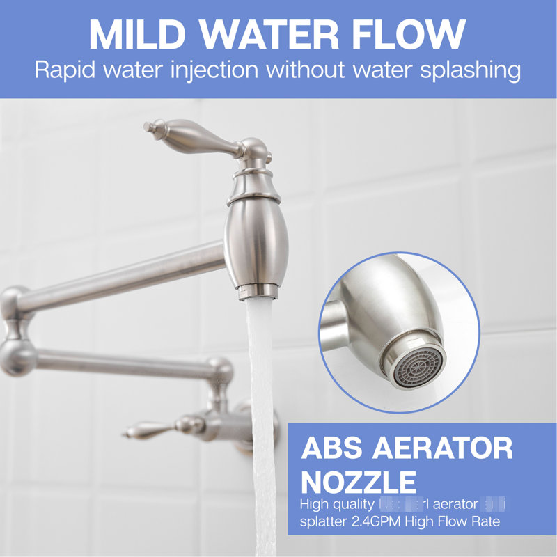 Commercial Wall Mount Kitchen Pot Filler, Brushed Nickel, Brass Material, Stretchable Double Joint Arms, Style A, Classic Design, Leak - Proof, Smooth Operation, 360 Spout Movement Mounted Faucet