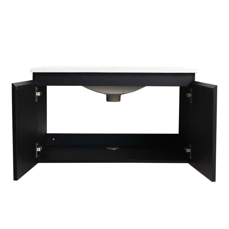 Meuble-lavabo de salle de bain avec lavabo en céramique. 30 po flottant. . Porte à fermeture en douceur. Contreplaqué noir. Rangement séduisant moderne