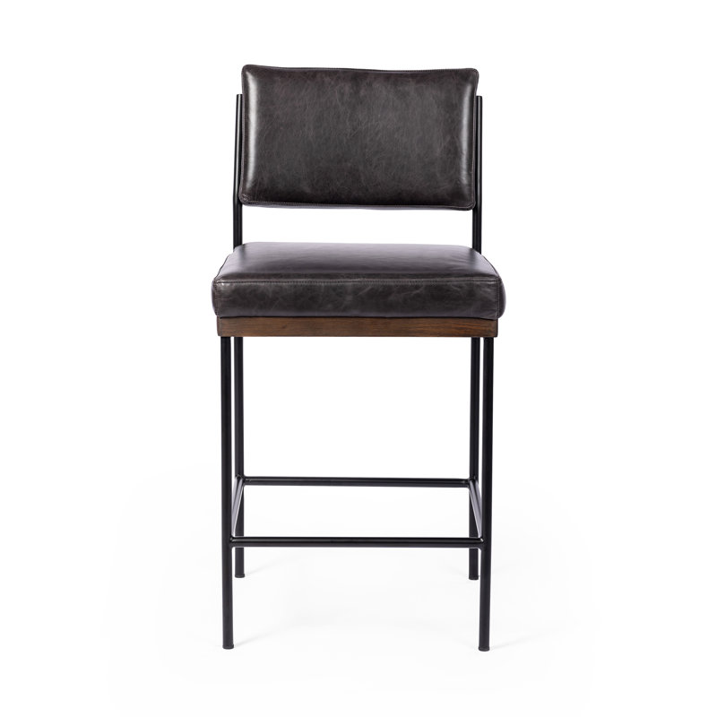 Benton Upholstered Stool with Metal Frame, Sonoma Black/Genuine Leather, Counter Stool (26.42" Seat Height)
