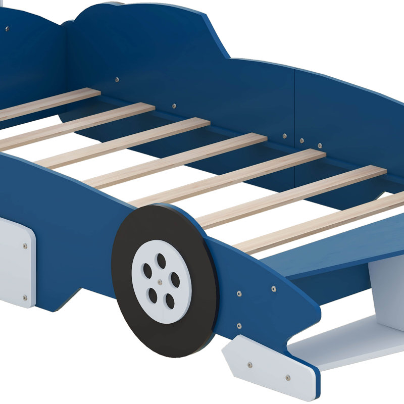Lit plateforme en forme de voiture de course avec roues, Double, Bleu