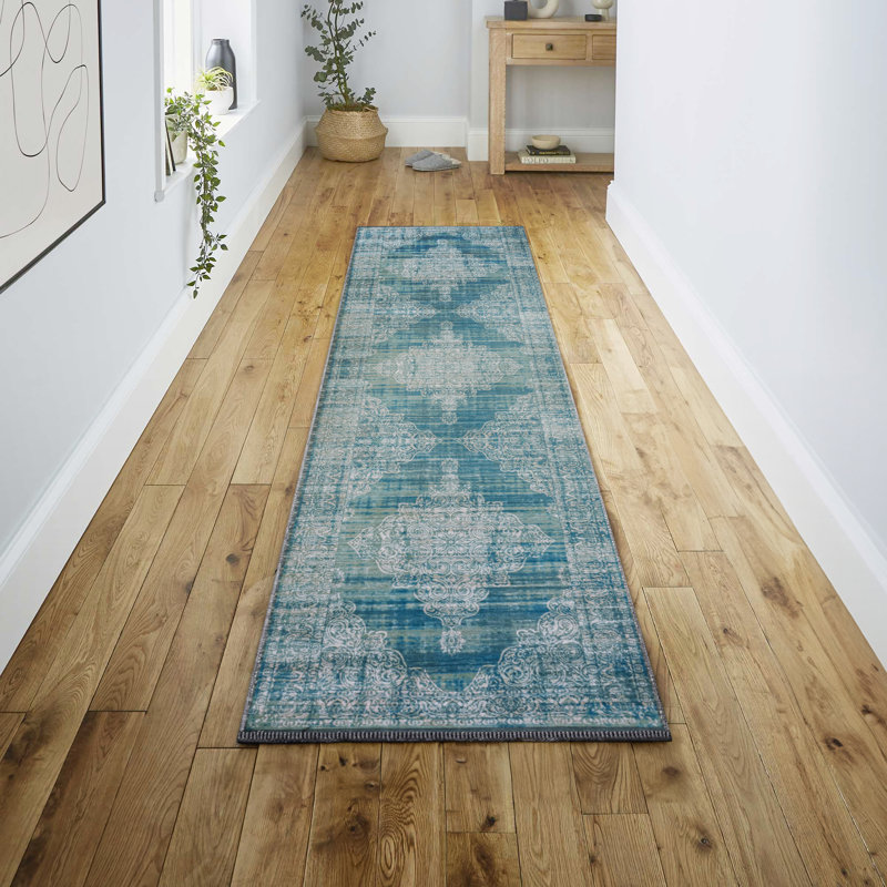 Regis Bohemian Medallion Machine-Washable Teal/Cream Rug, Runner 2' x 8'