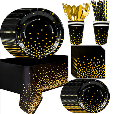 Black and Gold Party Decorations Tableware,193pcs Black Gold Polka Dot Tableware Set