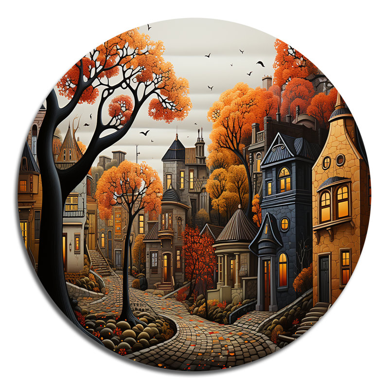 Cozy Village In Autumn Moonlit III - Art urbain rond en métal, H 23 po x l 23 po