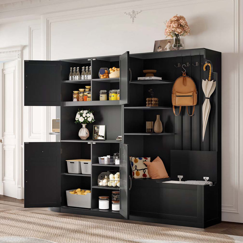 Hall Tree with storage and 4 hooks, storage cabinet, Black