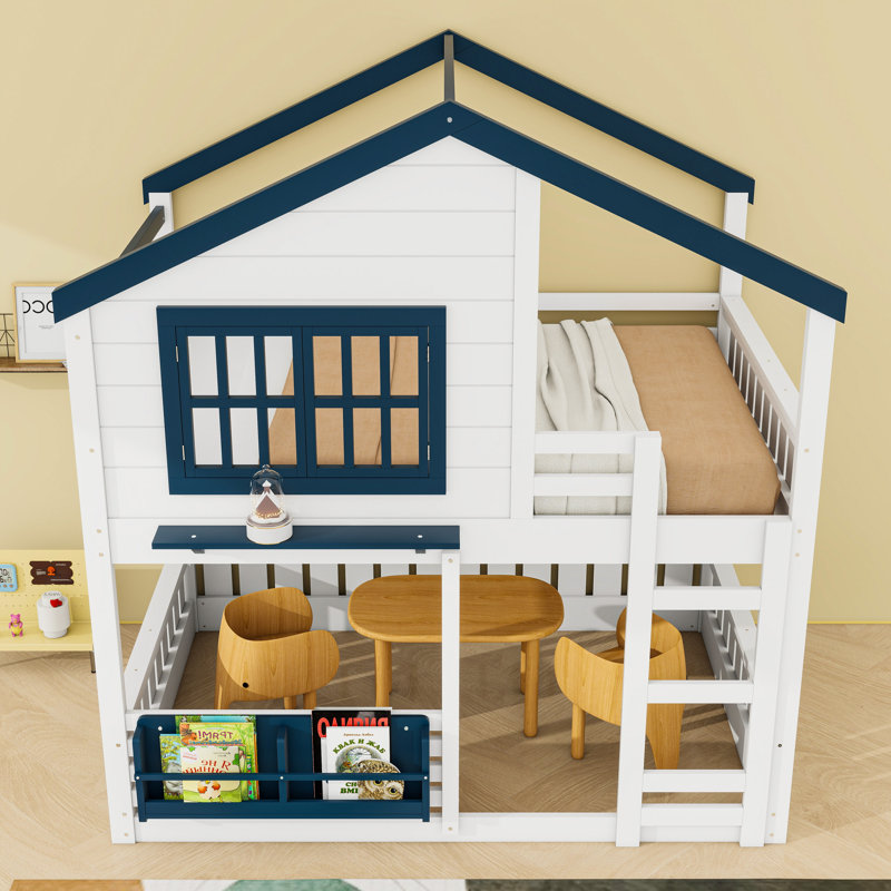 Lit superposé en bois avec bibliothèque et échelle, Lit superposé double sur double, Blanc / Bleu