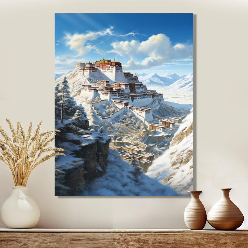 Temple bouddhiste blanc dans les montagnes enneigées - salon d'art mural en pierre spirituelle, Toile tendue