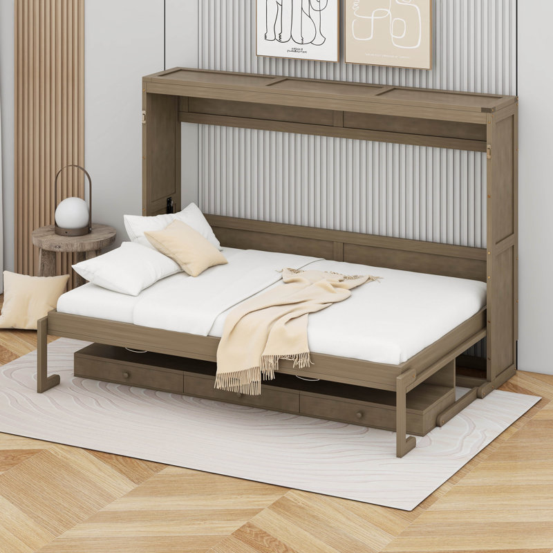Lit escamotable avec rangement, armoire-lit pliable avec coiffeuse, miroir central et 2 tiroirs latéraux, Gris patiné
