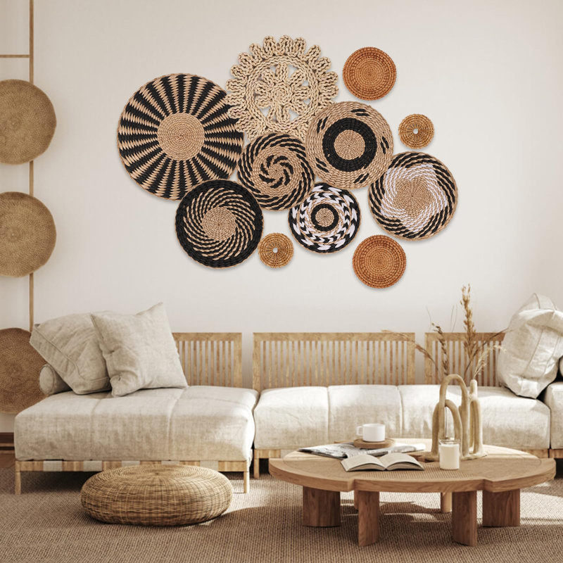 Boho Wall Basket Decor Set Of 11 - Hanging Woven Bulrush Basket Wall Decor, Handcrafted Round Flat Baskets Wall Art, For Rustic Farmhouse?Home - Unique Rattan Wicker Wall Decor(Black Retro)