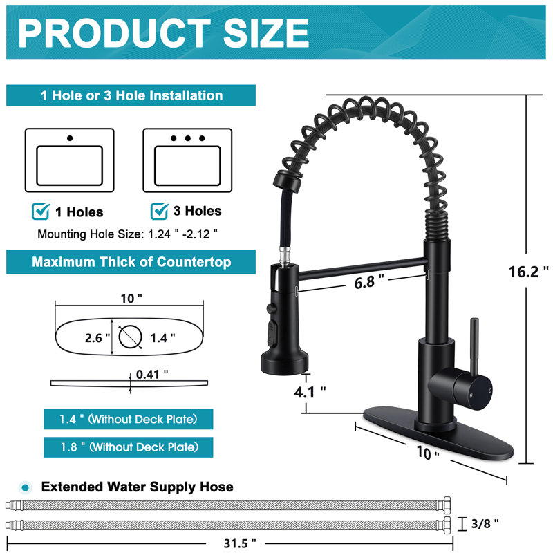 Robinet de cuisine avec douchette rétractable Wilmall, Noir mat