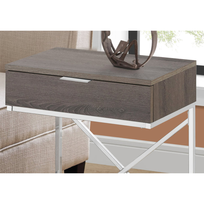 Élégante table de bout avec stratifié taupe foncé et un grand tiroir aux accents rectangulaires argentés polyvalents