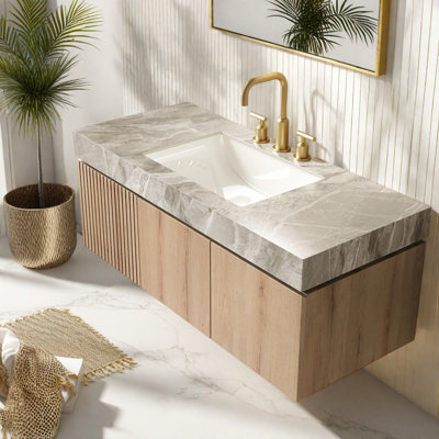 Meuble-lavabo spacieux spacieux avec rangement, plateau en pierre frittée gris clair et lavabo en céramique