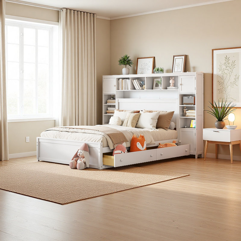 Lit en bois avec armoire, tablette et prises tout-en-un, Blanc