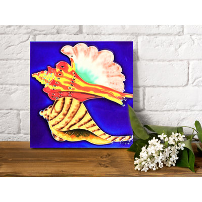 8x8" Two Conch Shells with Blue Background Ceramic Art Tile Trivet Hot Plate