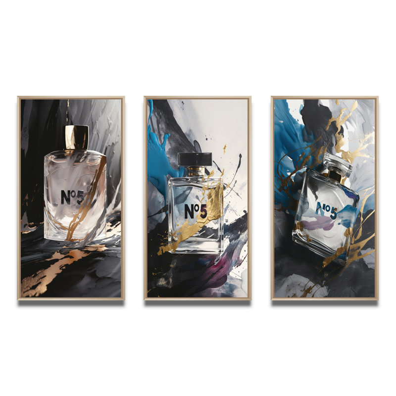 «Black Perfume Bottle Masterpièces», 3 pièces sur toile, Cadre naturel flottant, H 20 po x l 36 po