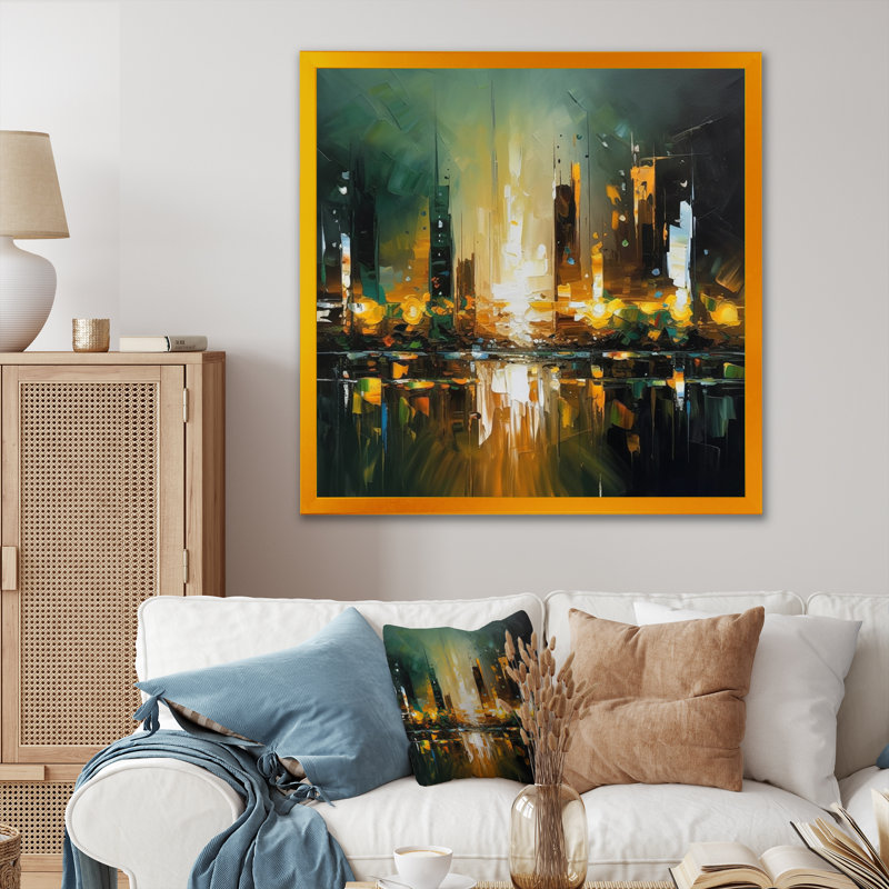 «Abstract City Skyline 1» - Impression, H 16 po x l 16 po x P 1 po, Encadrement doré