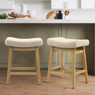 24" Solid Wood Beige Saddle Bar Stools Ideal for Kitchen Island and Counter