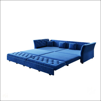 100 Oversize Pull Out Sofa Bed, Convertible Sleeper with Handmade Fabric Flower Tufted Design, Multi-Functional Velvet Loveseat for Living Room and Bedroom