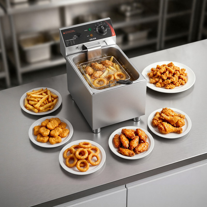 Commercial Electric Deep Fryer, 12.15 Qt, 1750W Stainless Steel Countertop Fryer with Basket and Lid, Overheat Protection, Temp Control, Adjustable Feet for Commercial Restaurant Use, Silver