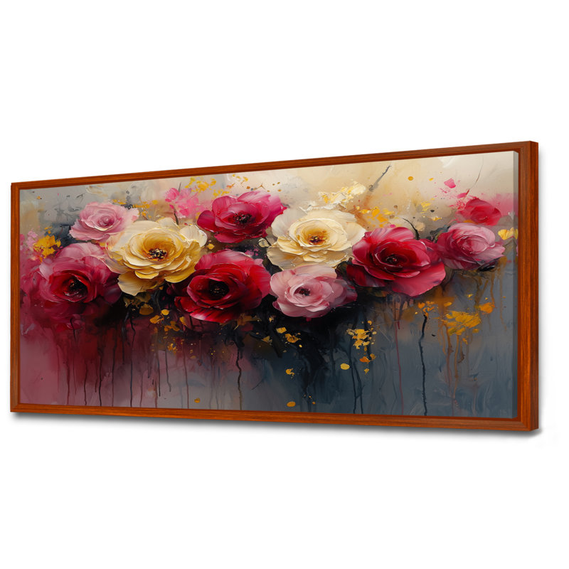 Vibrant Garden of Abstract Roses Elegance - Roses, art mural encadré, Brun, H 28 po x l 60 po