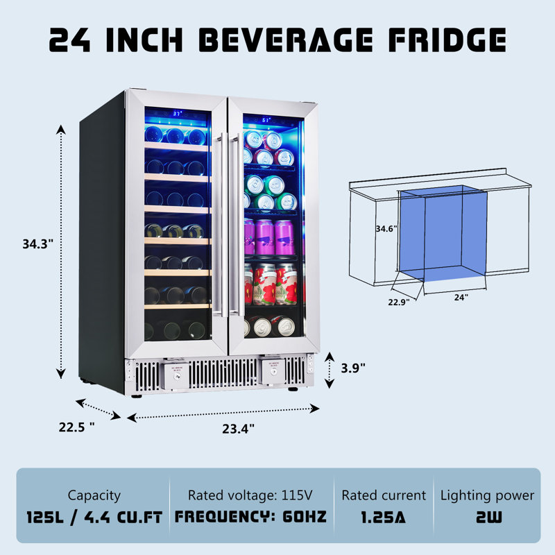 Réfrigérateur à boissons - Réfrigérateur à deux zones de 24 po avec porte vitrée, tablettes réglables et panneau tactile à DEL, conception sous comptoir pour bière à vin, encastrée ou autoportante