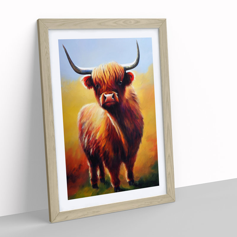 Resplendent Highland Cow - Wall Art, 36cm H x 27cm W, Oak Framed, White