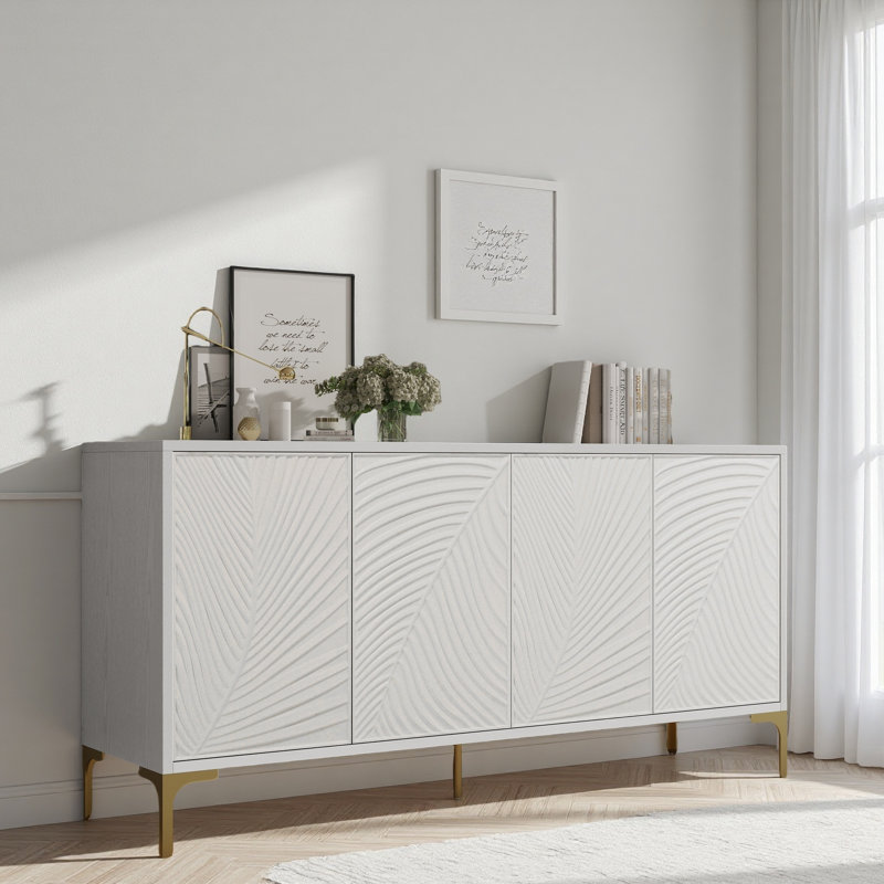 Armoire de rangement multifonctionnelle, buffet à quatre portes avec texture unique, tablettes réglables, idéale pour le bureau, le vestibule et le salon